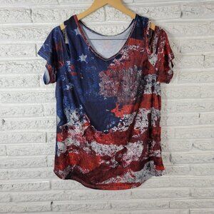 Fourth of July Womens Top XXL Plus Cold Shoulder Blue Red Poly Blend A8E